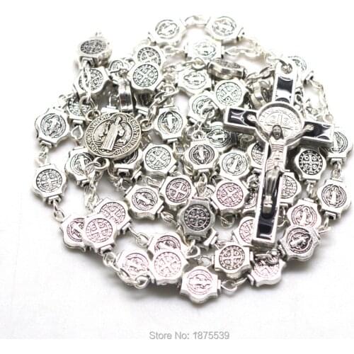St benedict rosary with metal bead, rosary centerpiece, and black saint benedict crucifix