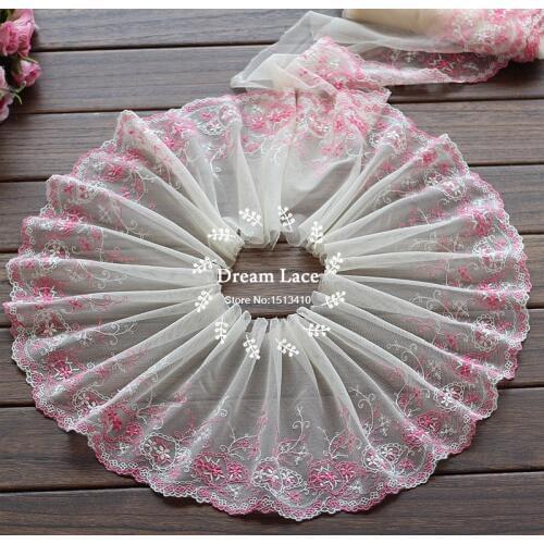 2yards/lot 18cm wide Embroidered Tulle Lace trim mesh lace trim ~Cream-colored + pink ~ beautiful