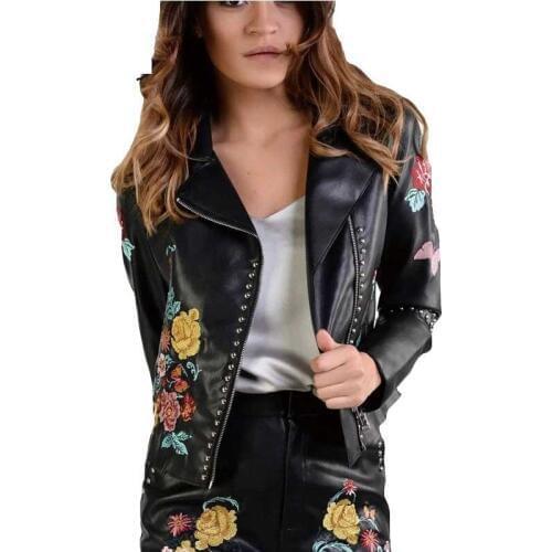 2017 New Tight Leather The Streets Jacket Spring Jacket Women Rivets Embroidery Leather Jacket High-Quality Clothing ls081