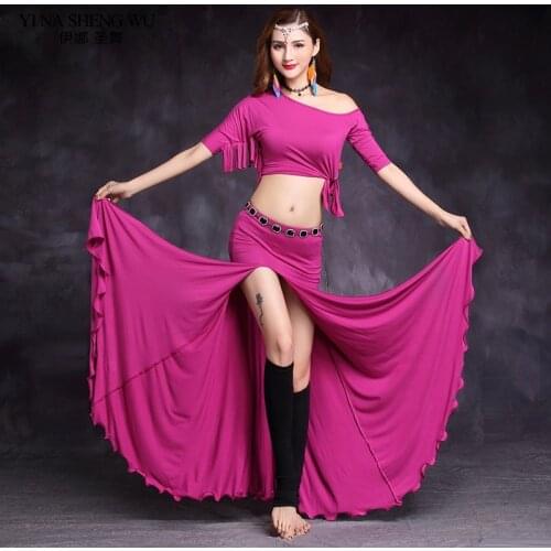 Women Modal Dance Wear Off-shoulder Top Side Slit Skirt Belly Dance Practice Costume Set For Girls 2Pcs Set Tassel Top Skirt
