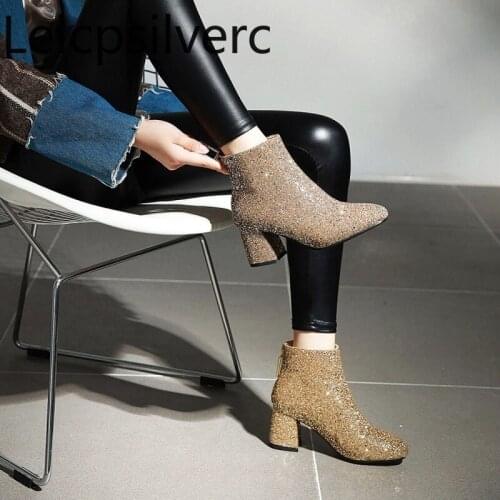 Womens Boots New winter fashion Round head Sequin zipper High heel Ankle boots Womens shoes plus size 33-43 Heel Height 7cm