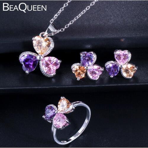 BeaQueen Romantic Multicolor Heart Cut Cubic Zircon Stones Earrings Necklace Rings 3pcs CZ Crystal Jewelry Sets for Women JS170