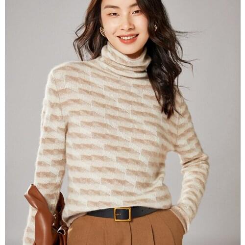 Woman winter Cashmere sweaters knitted Pullovers jumper Female Turtleneck blouse blue long sleeve clothing Patchwork