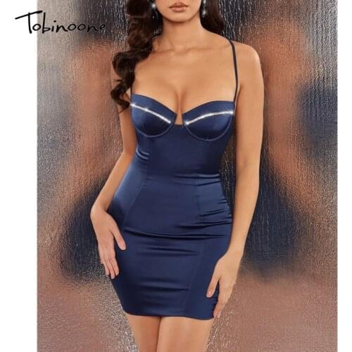 Tobinoone Spaghetti Strap Night Club Dress Sexy Women V Neck Backless Party Dress Summer Solid Mini Bodycon Dresses Robe