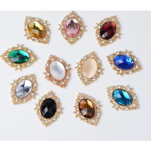 5PCS Delicate Gold Lace Hollow out Glass Crystal Rhinestone Oval Plate Button Craft Sewing DIY Clothing Decorative Embellishment