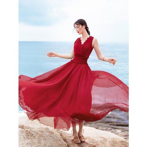 Free Shipping Boshow 2020 New Summer Fashion Elastic Wais V-neck Long Maxi Sleeveless S-L Red Ruffles Chiffon White Dress Women