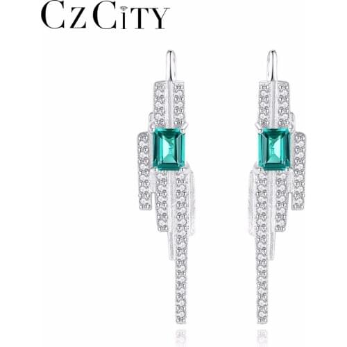 CZCITY 925 Charms Sterling Silver Square Emerald Blue-Green Gemstone with Tiny CZ Stud Earrings for Women Fine Jewelry