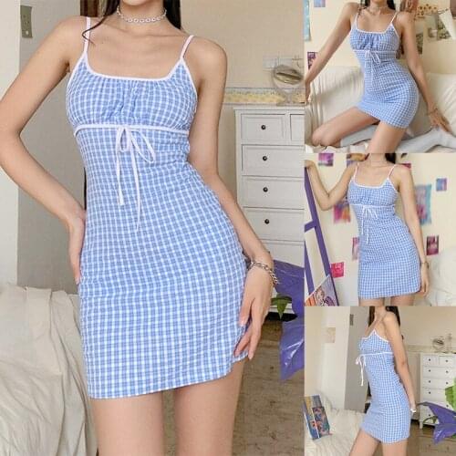Womens New Style Sling Slim Bag Hips Slim Check Plaid Short Dress Blue