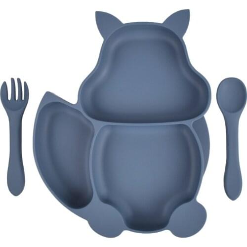 Food Grade Silicone Squirrel Shape Baby Divided Feeding Plate with Spoon Fork Set Training Food Utensil Dinnerware