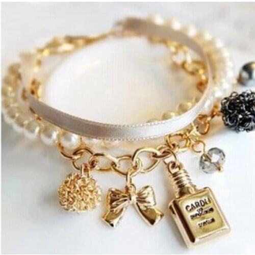 Europe Decorative Perfume Bottles Jewelry Imitation Pearls Ribbon Bow Crystal Bracelet Women 2018 Bracelet Punk