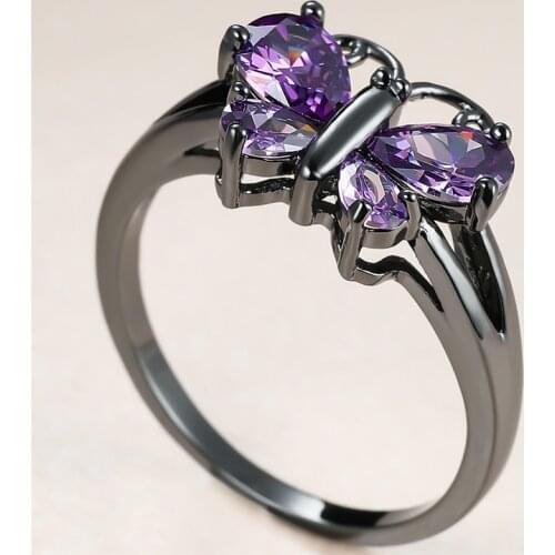 Dainty Female Purple Crystal Stone Ring Charm 14KT Black Gold Wedding Rings For Women Vintage Butterfly Zircon Engagement Ring