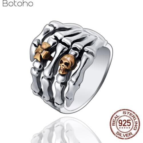 Pure 100%925 Sterling silver skull hand ring Thai silver skull ghost hand chain cross stylish Mans Cool Ring For Birthday Gifts