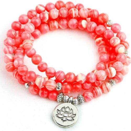 6MM Rhodochrosite Fashion Yoga Ohm Bracelet New Design Women`s Healing Energy Jewelry Trendy 108 Mala Stone Bracelet