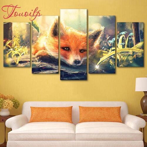 TOUOILP 5D DIY Full Square&round 5pcs Animal fox 5d Diamond Painting Combination diamond Embroidery Mosaic Home Decor painting