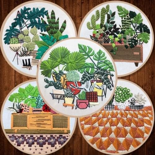 DIY Flowers Plants Pattern Embroidery Set Needlework Tools Printed Embroidery Fabric Round Embroidery Kit DIY Sewing Craft Kit