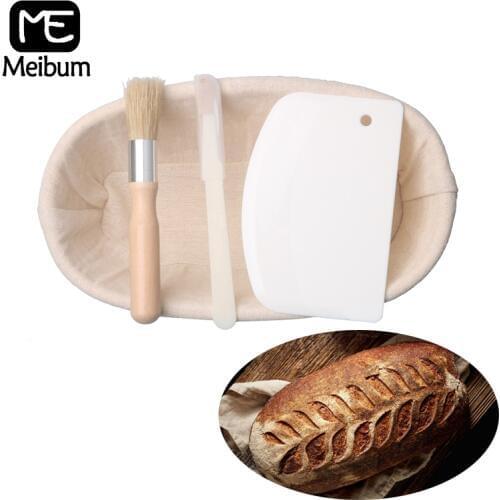 Meibum 4Pcs Set Bread Fermentation Rattan Basket Oval Banneton Brotform Proving Linen Liner Dough Knife Scraper Baking Tools