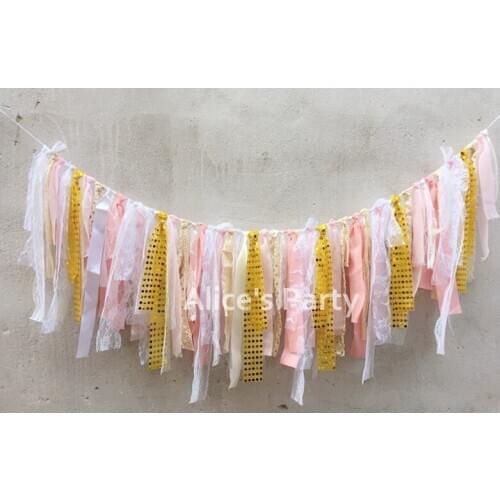 New Romantic Gold Pink White Wedding Party Banner Lace Rag Flag Photo Prop Baby Bridal Shower Birthday Party Decorations Bunting