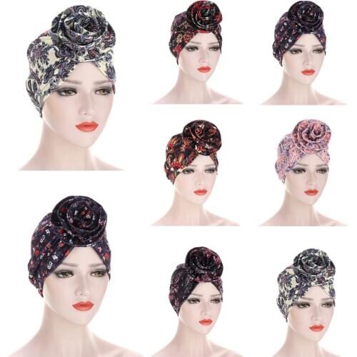 New Women Print Big Flower Muslim Scarf Hijab Hat Headscarf Islamic Scarves Turbante Femme Headwear Cap Bonnet Hair Accessories
