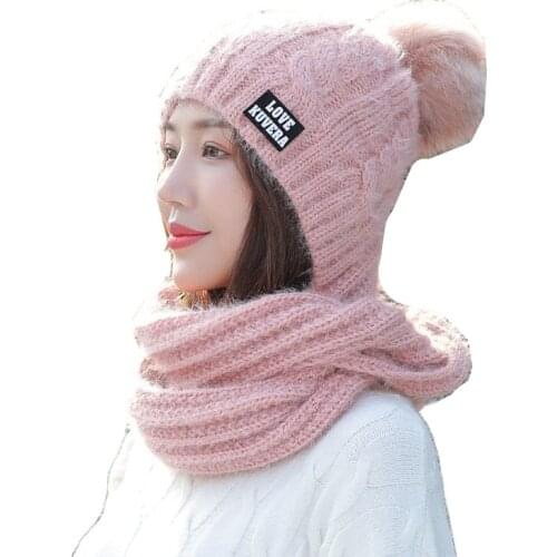 Autumn Winter Women Hat Scarf One-Piece Thick Warm Earmuffs Plush Beanies Female Knit Wool Double Using Hooded Cap