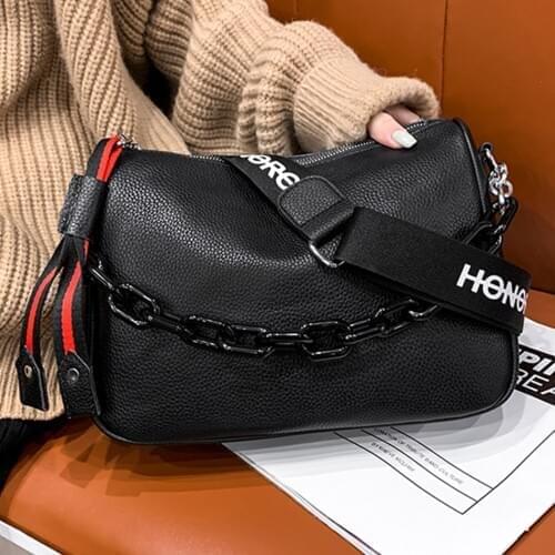 100% Genuine Leather Luxury Crossbody Bags for Women 2021 Fashion Wide Shoulder Strap Black Bag Designer Handbags High Quality