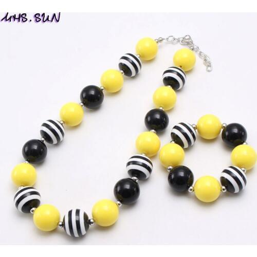 MHS.SUN Yellow Black Acrylic Beads Necklace Bracelet Kids Girls Chunky Bubblegum Necklace Cute Child Jewelry Set For Gift