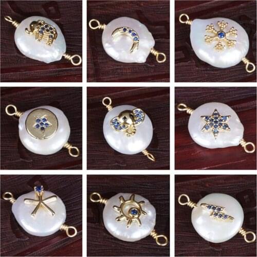 Navy Blue CZ Paved Elephant Star Snow Lightning Sun Evil Eye Charms Freshwater Pearl Beads Connector For Woman Jewelry Making
