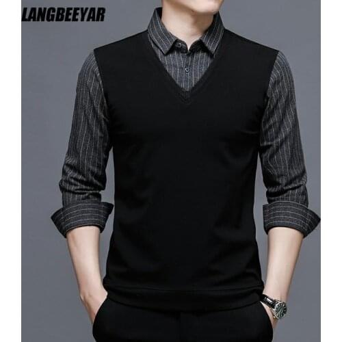 Top Grade Fake Two New Fashion Brand Slim Fit Black Striped Shirt For Men Fasion Long Sleeve Classic College Casual Mans Clothes