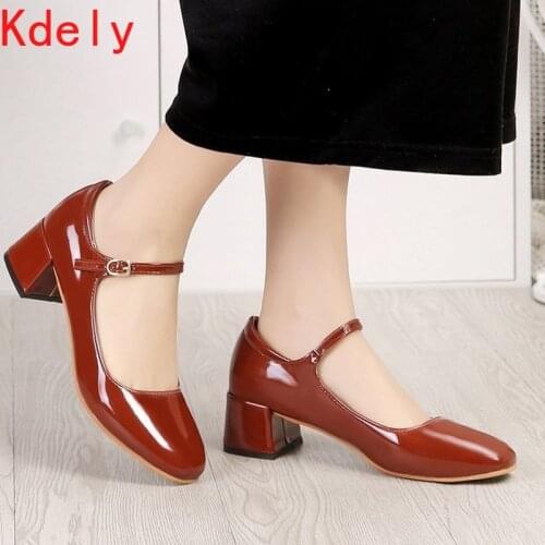 New Women Dress Shoes Medium Heels Mary Janes Shoes Patent Leather Pumps Ankle Strap Ladies Shoe Office Zapatos Mujer