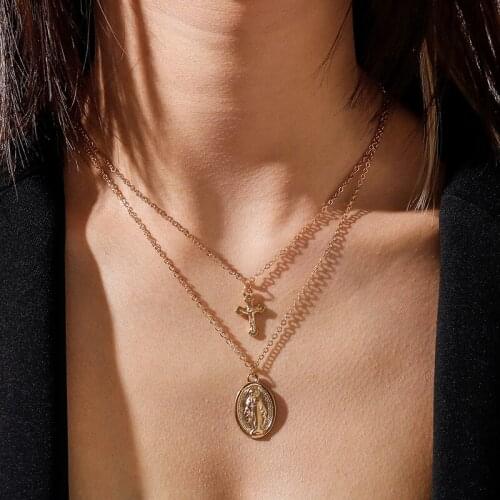 Vintage Cross Portrait Coin Pendant Necklace for Women Gold Silver Color Multi- Layer Chains Necklaces Trendy Jewelry Gifts