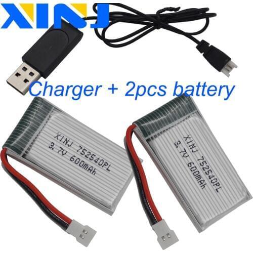 XINJ 2pcs+charger 3.7V 600mAh 25C Rechargeable Li-Polymer Li-po battery LI-ion 752540 for for Syma X5C X5SC RC Quadcopter Drone