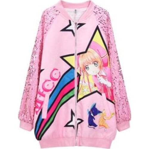 Sequined Women Bomber Jacket 2021 Autumn Korean Zipper Stand Neck Loose Coat Cartoon Pattern Baseball Jackets Pink