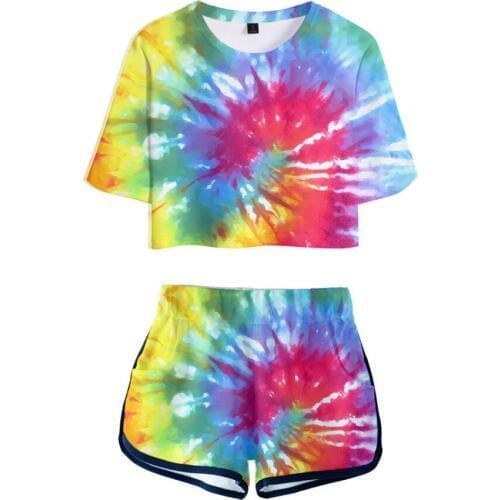 Tie Dye 3d Print Women Tracksuit Colorful Psychedelic Two Piece Set Sexy short tshirt Tops and shorts Outfits Summer Women Sets