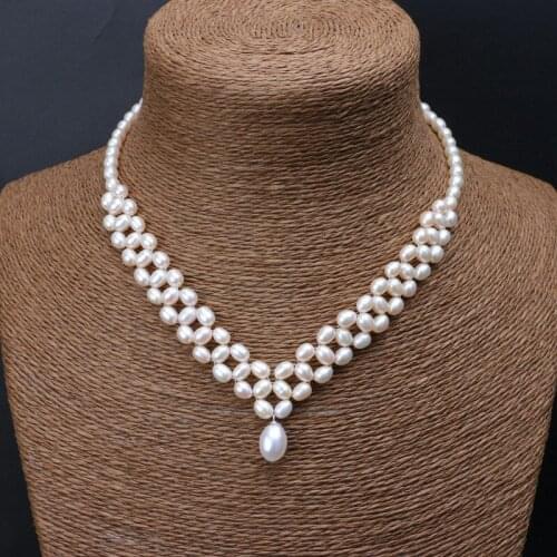 18" Womens 6-7mm fresh water rice pearl hand wave Necklace lobster buckle chain
