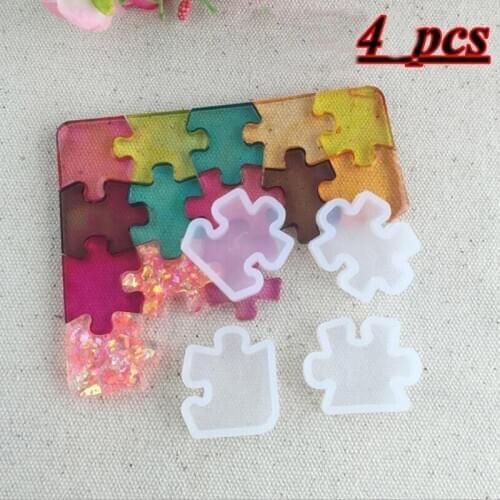 4Pcs/set Silicone Puzzle Pendant Mold DIY UV Resin Keyring Mould Jewelry Making