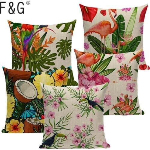 Plant Cushion Cover Tropic Tree Green Throw Pillow Cover Flamingo Bird Decorative Pillows Flower Cushion Cover for Sofa Car
