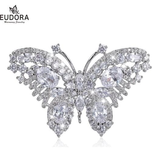 EUDORA Luxurious unique Cubic Zirconia Butterfly Brooch For Women two color clear Crystal Jewelry Decoration Animal nice broochs
