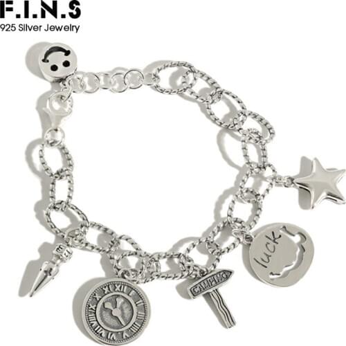 F.I.N.S Punk Vintage 925 Sterling Silver Bracelet Smile Face Clock Star Pendant Thai Silver Chain Charm Bracelets Fine Jewelry