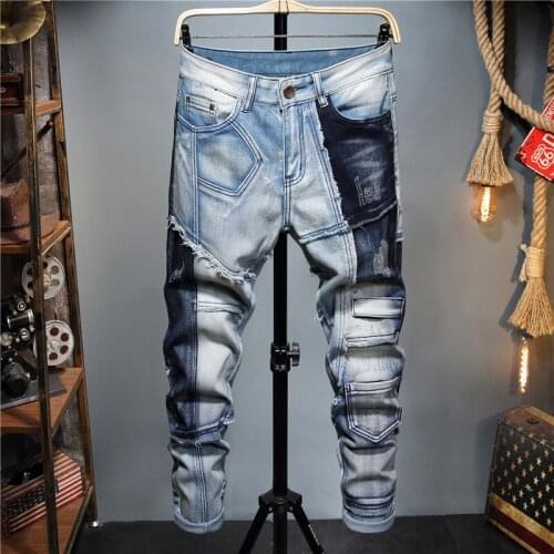 Korean Fashion Stretch men jeans Patchwork Patches casual pants street trend Small Straight Leg Pants
