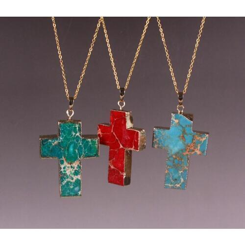 Microbeauty Hot Selling 1PC Multicolor Drusy Stone Pendant Cross Shape Emperor Stone Quartz Crystal Druzy Pendant Necklace