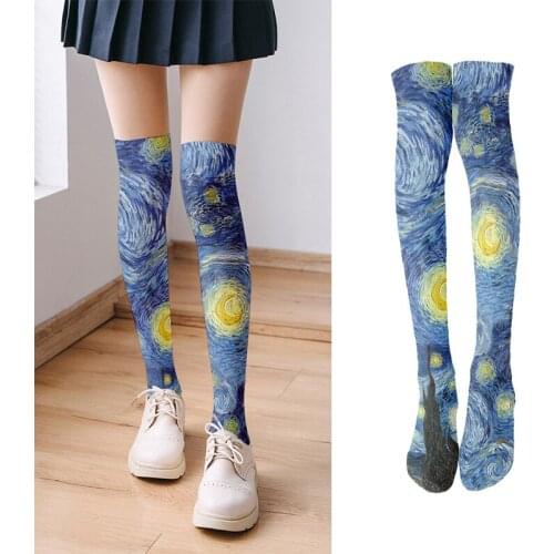 Fashion Summer Women Thin Sexy Stockings Retro Art Oil Painting High Thigh Socks Classic Starry Night Over The Knee Stockings