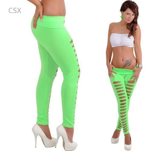 MwOiiOwM Women Disco Sexy Candy Color Skiny Slim Hole Pencil Stretch Pants Leggings Black B11