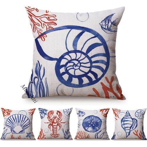 Blue Ink Painting Cushion Cover Nautilus Ocean Conch Lobster Home Decoration Square Pillowcases Cotton Linen Sofa Pillow Cover