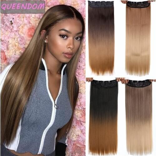 Ombre 5 Clips Long Straight Clip In Hair Extensions Clip In One Piece Fake Hairpieces Synthetic False Hair Pieces Blonde Brown