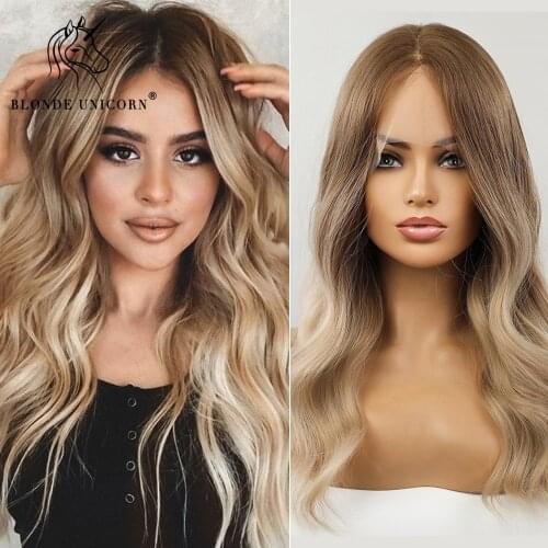 Blonde Unicorn Ombre Brown Root to Blonde Medium Long Wavy Synthetic Lace Part Hair Wigs For Women Heat Resistant Daily Use