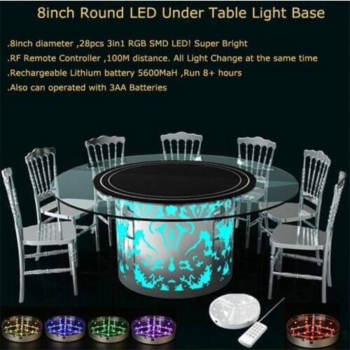 Rechargeable Lithium Battery Operated 8inch Round LED Under Table Light Base for Wedding Decoration