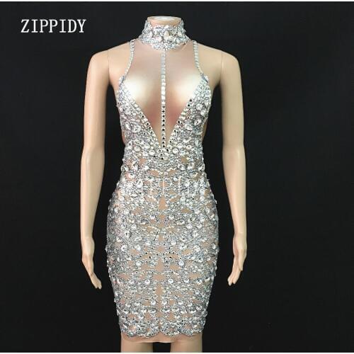 Fashion Silver Rhinestones Big Stretch Dress Sleeveless Shining Crystals Dress Stage Party Celebrate One-piece Dress Nightclub