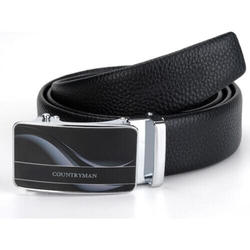 New MensTop Quality Top Grain Genuine Leather Waist Strap Belt Ratchet Dress Black Belt with Automatic Buckle For Men Boys