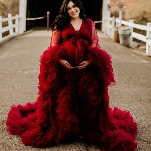 Luxury Red Maternity Gown Long Sleeves Ruffles Wedding Sleepwear Bathrobes Nightgowns Robes Women Dress Kimono Tiers