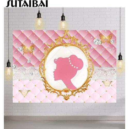 Pink Sweet Girl Photography Background Princess Gold Mirror Frame Lace Butterfly Baby Shower Birthday Party Backdrop PhotoStudio