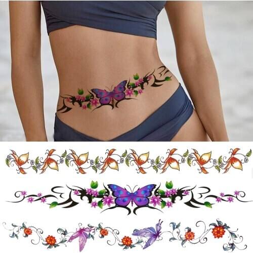 Watercolour Butterfly Temporary Tattoos For Women Girls Fake Flower Tattoo Sticker Thorns Lily Daffodil Waist Sexy Tatoos